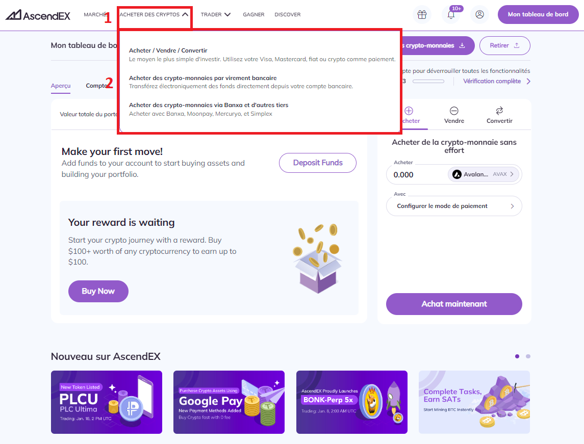 Achat d'Avax sur AscendEX par CB ou virement
