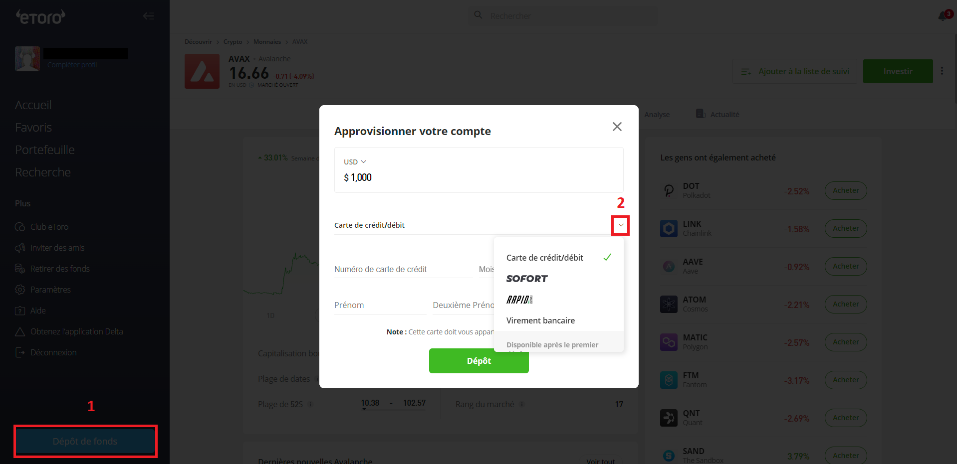 Dépôt de fonds sur eToro