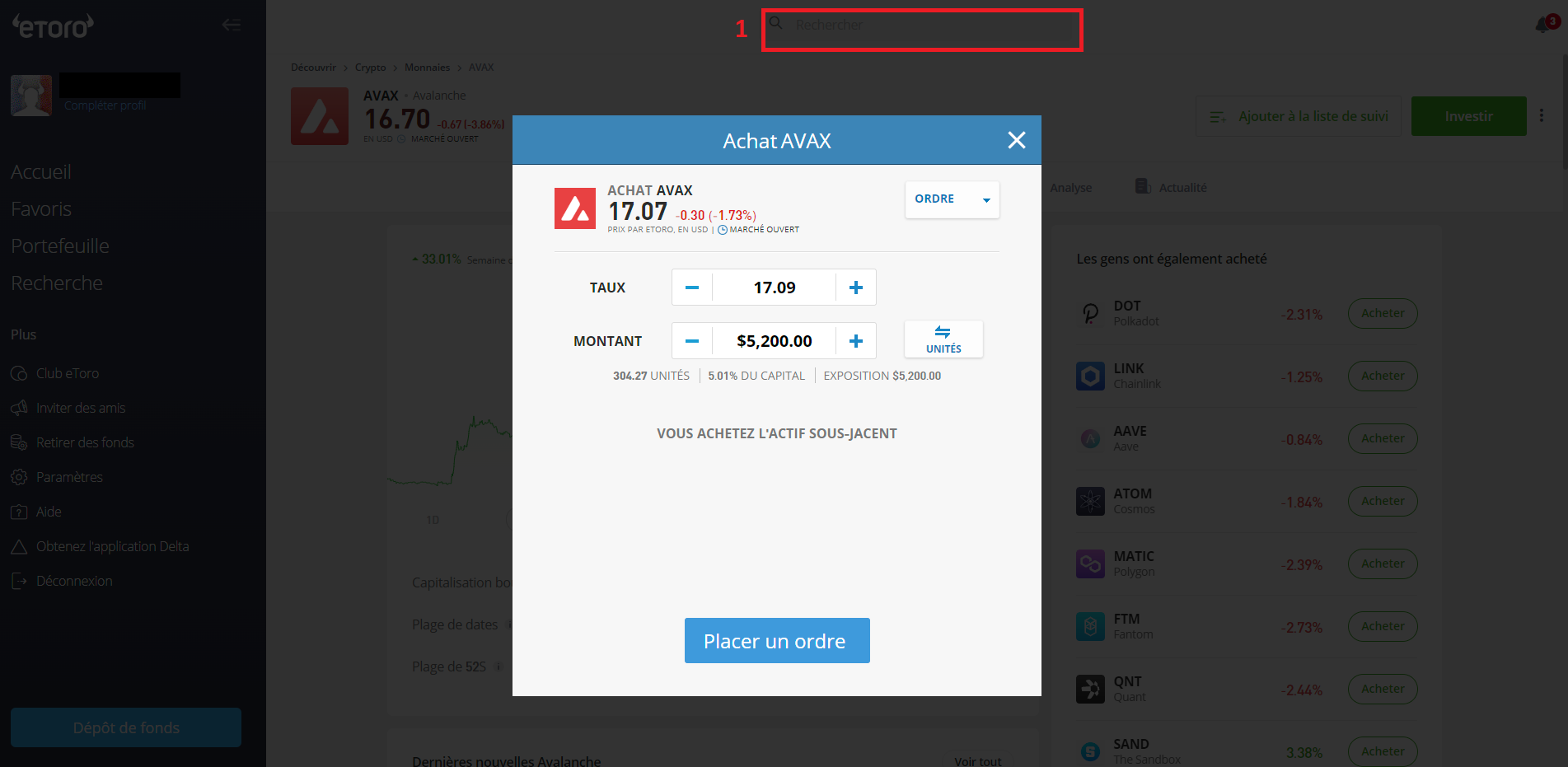 Achat d'AVAX sur eToro