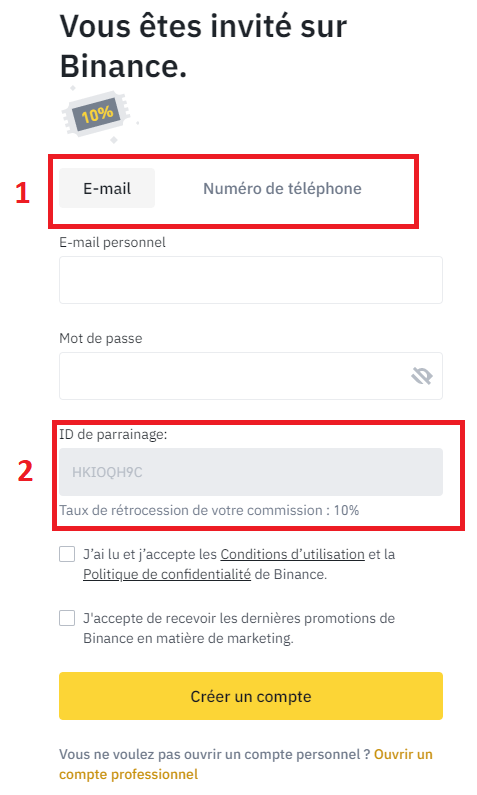 Inscription sur Binance en fournissant les données clients