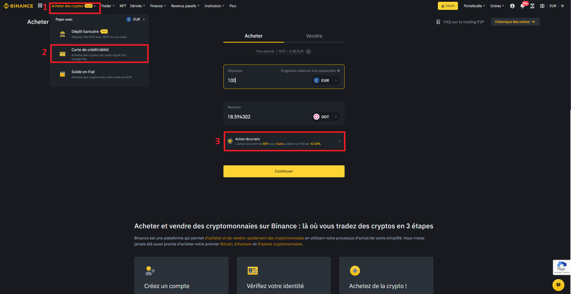 Achat de DOT par carte bancaire sur Binance