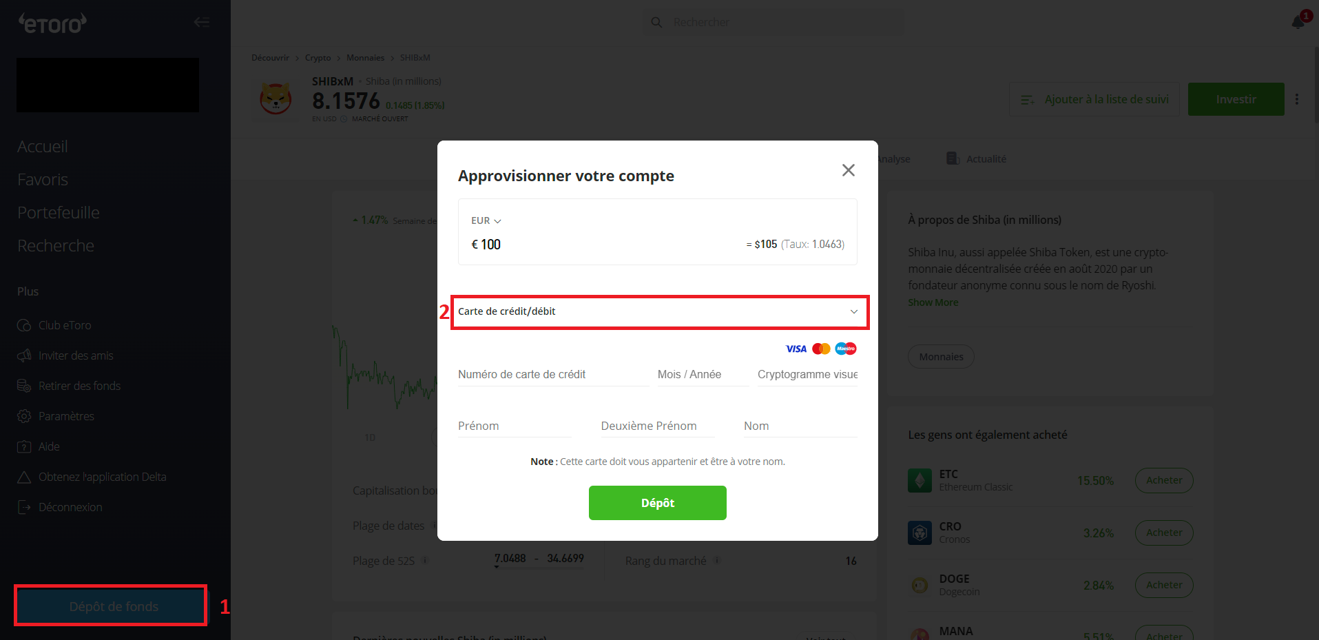 Approvisionnement du compte sur eToro