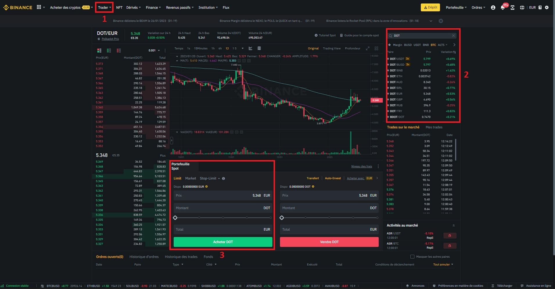 Achat de DOT en trading au comptant sur Binance