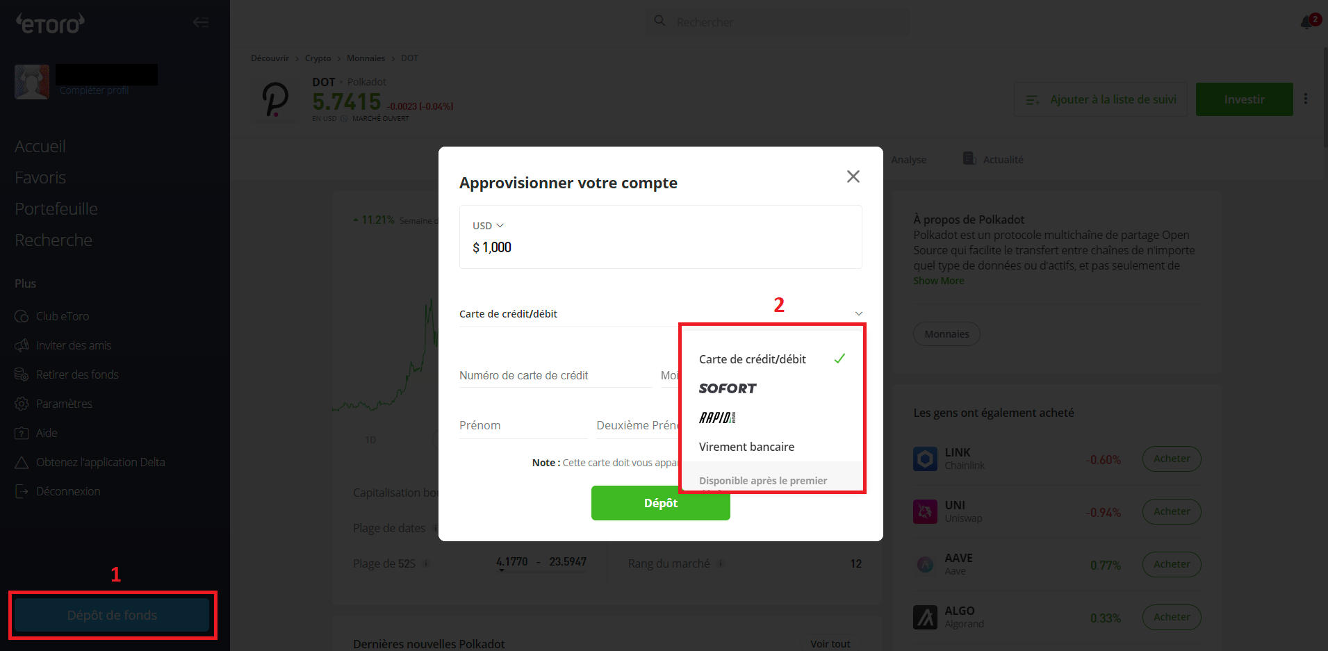 Dépôt d'argent sur eToro