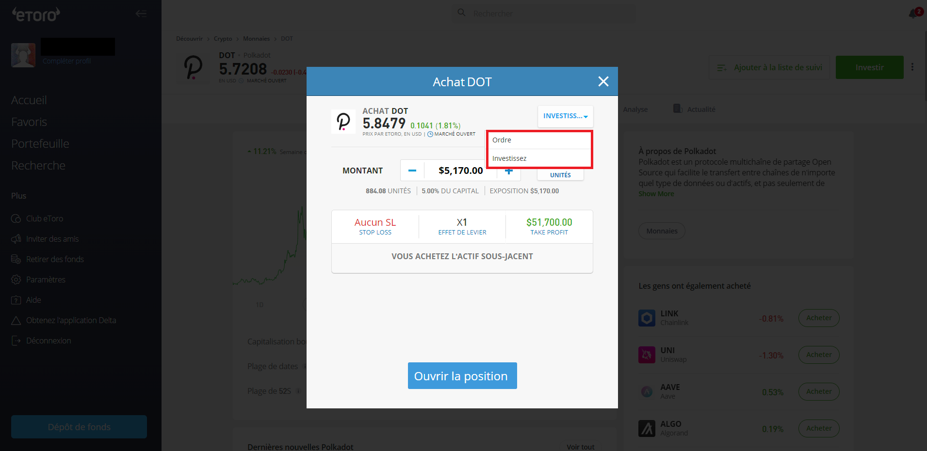 Achat de DOT sur eToro