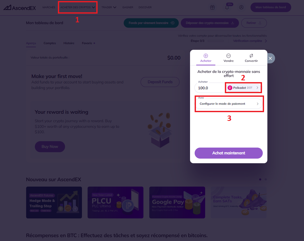 Achat de DOT par carte bancaire sur AscendEX
