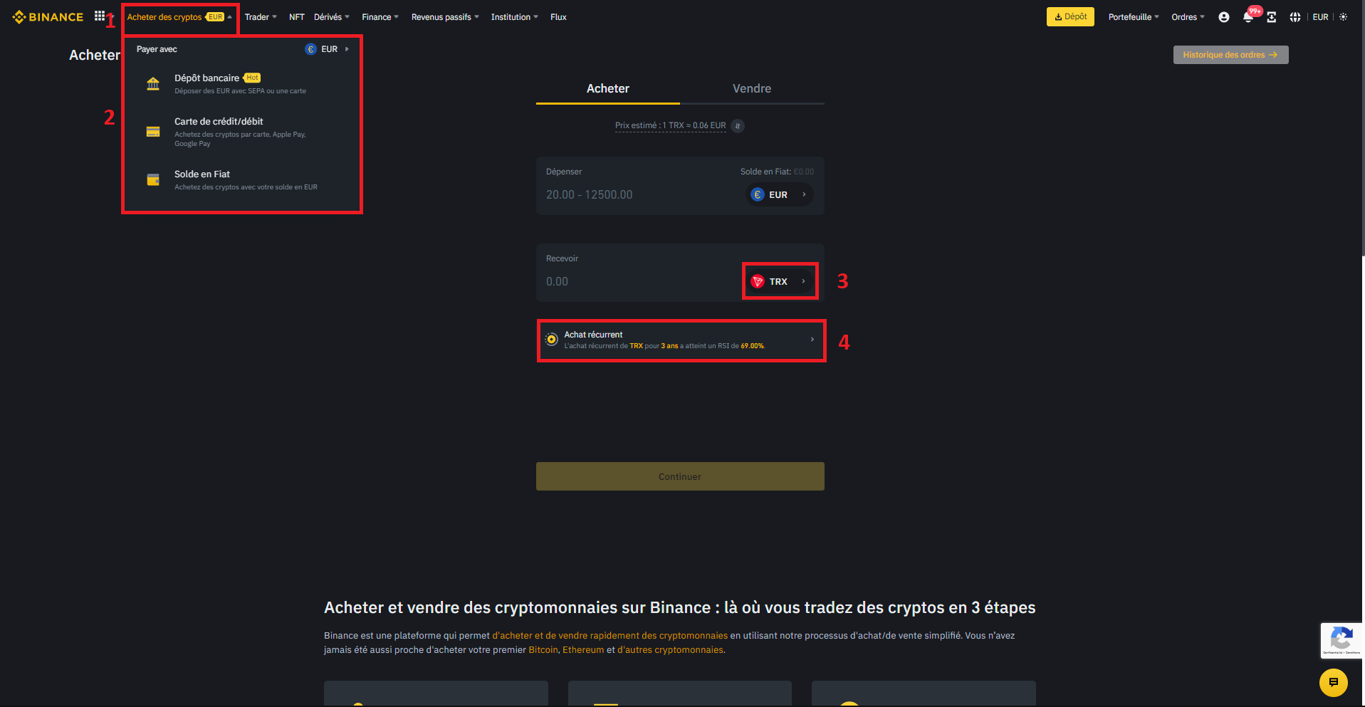 Achat de TRX sur Binance via l'onglet « Acheter des cryptos »