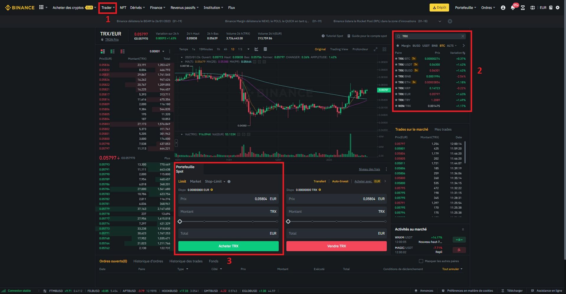 Achat de TRX au comptant sur Binance