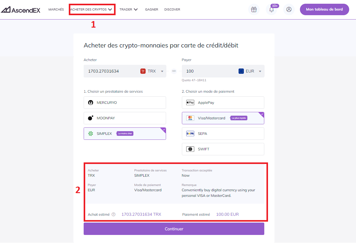 Achat de TRX sur AscendEX