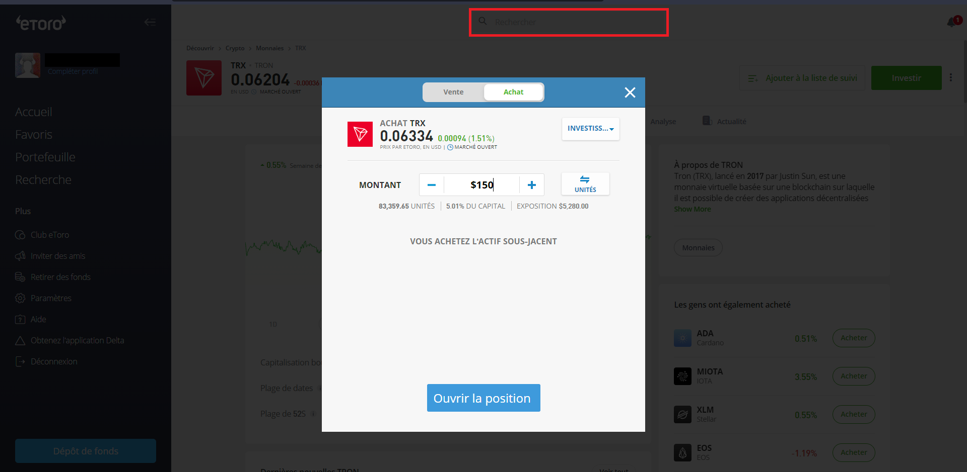 Achat de TRX sur eToro
