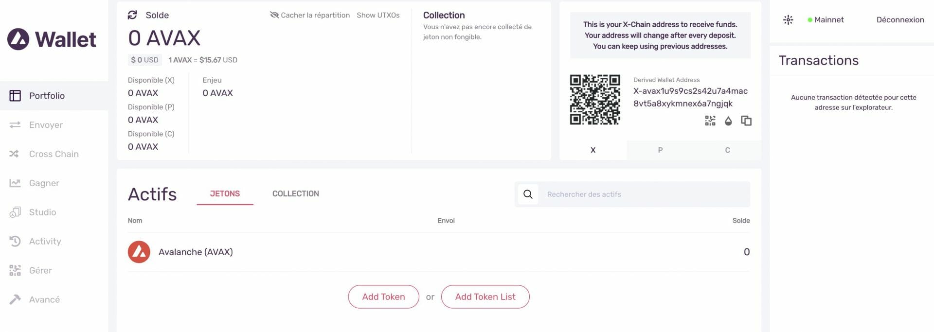 Wallet Avalanche propose une interface agréable permettant d'accéder aux différents services.