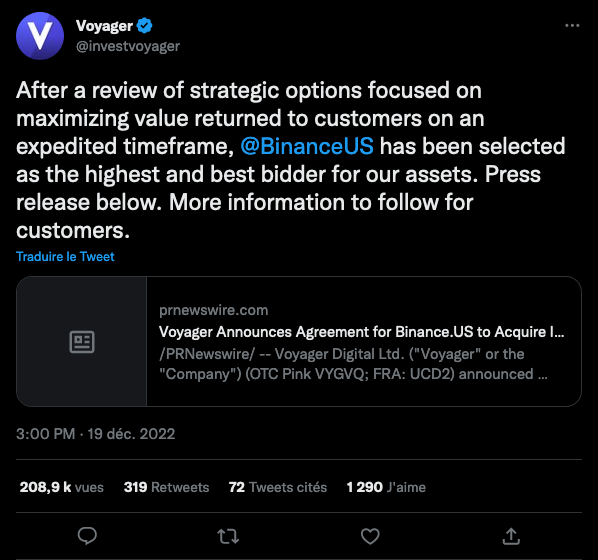 Binance concrétise son projet d'achat de Voyager Digital. La justice américaine laissera-t-elle la transaction se faire ?