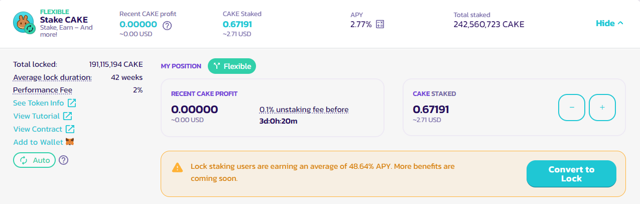 Tous les détails de la position de staking ouvertes sur PancakeSwap.