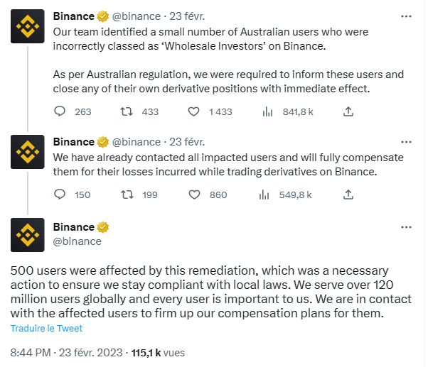 Des comptes Derivatives fermés d’office par Binance en Australie.