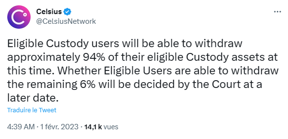 Certains clients de Celsius pourront retirer 94% de leurs cryptos.