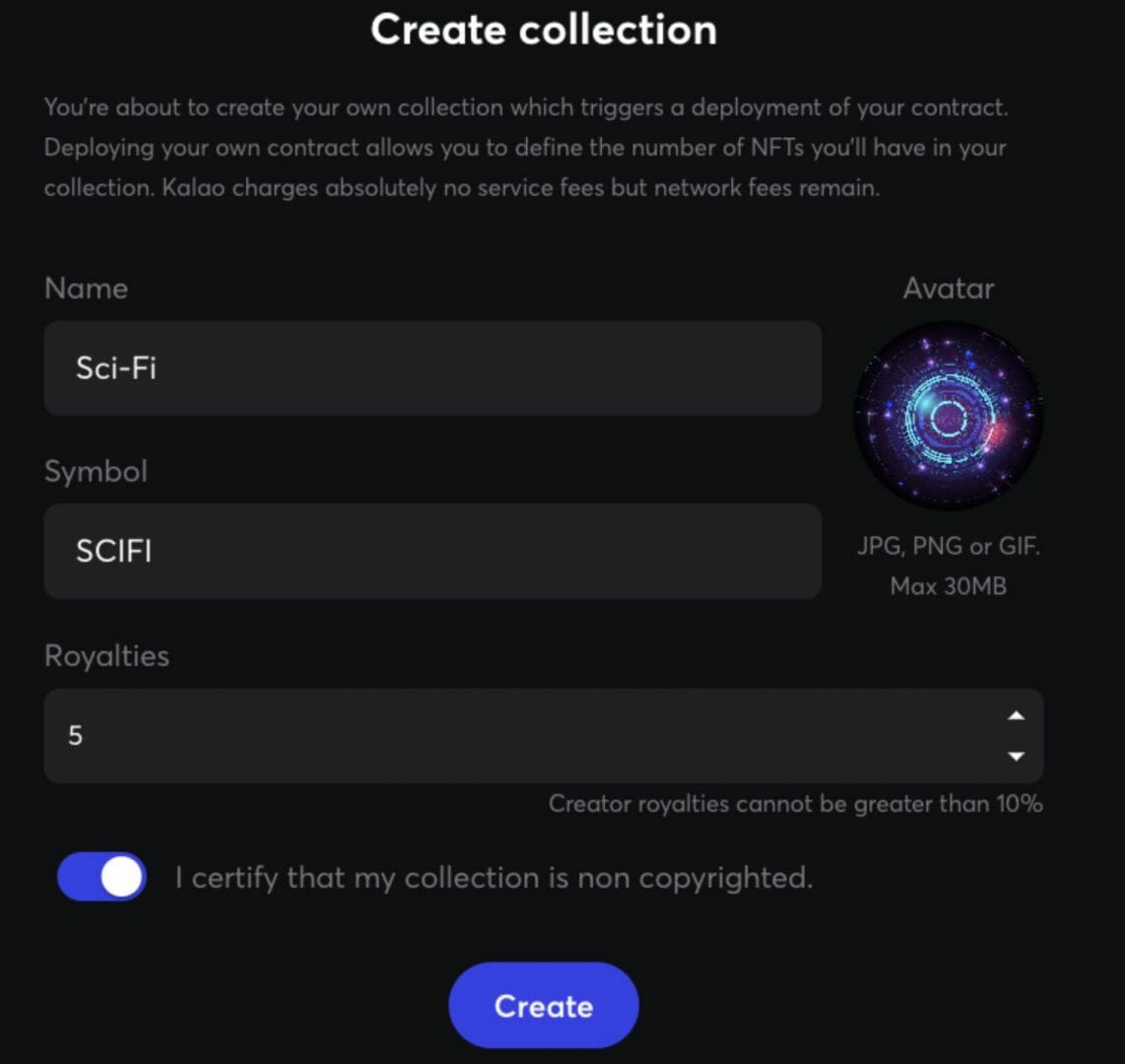 Interface permettant la création d'une collection de NFTs sur Kalao.