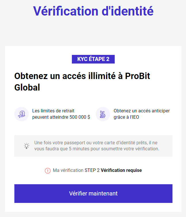 Menu d'accès à la vérification d'identité sur ProBit