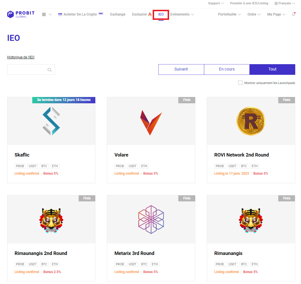 Liste des tokens accessibles en IEO sur ProBit