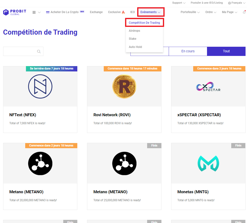 Tableau des jetons listés par ProBit pour des compétitions de volumes de trade