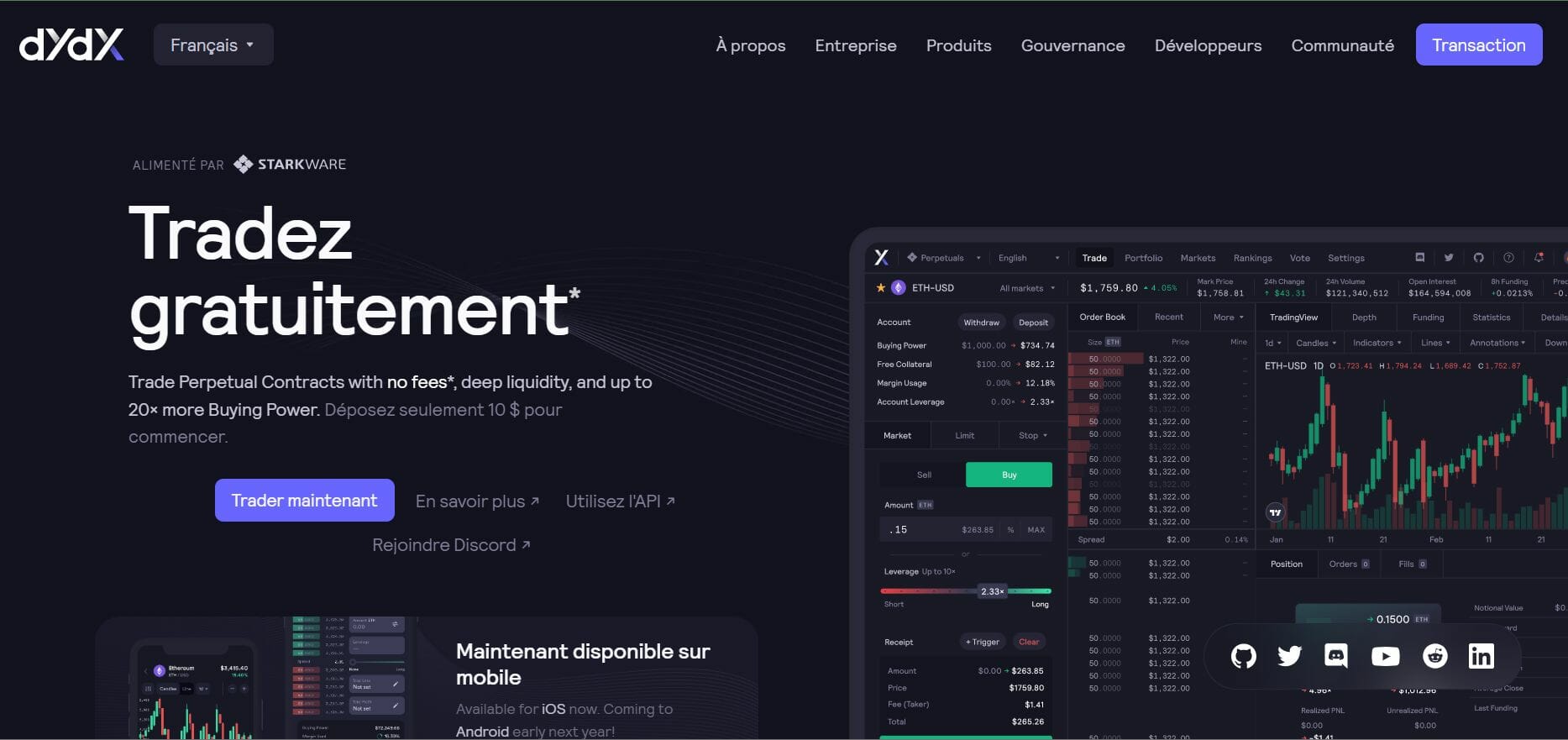 DYDX, la page d'accueil du site