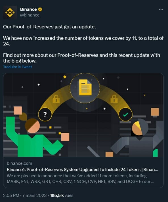 Binance augmente son nombre de crypto couvertes par sa preuve de réserves.