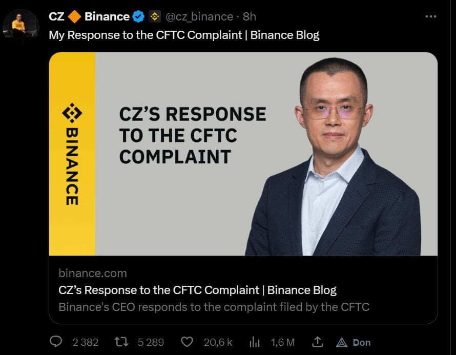 Changpeng Zhao a répondu aux accusations de la CFTC par une lettre publiée sur le blog de la société. Il répond à certains points précis mais il cherche surtout à montrer à quel point son entreprise fait tout son possible pour se mettre en conformité avec les lois américaines. 