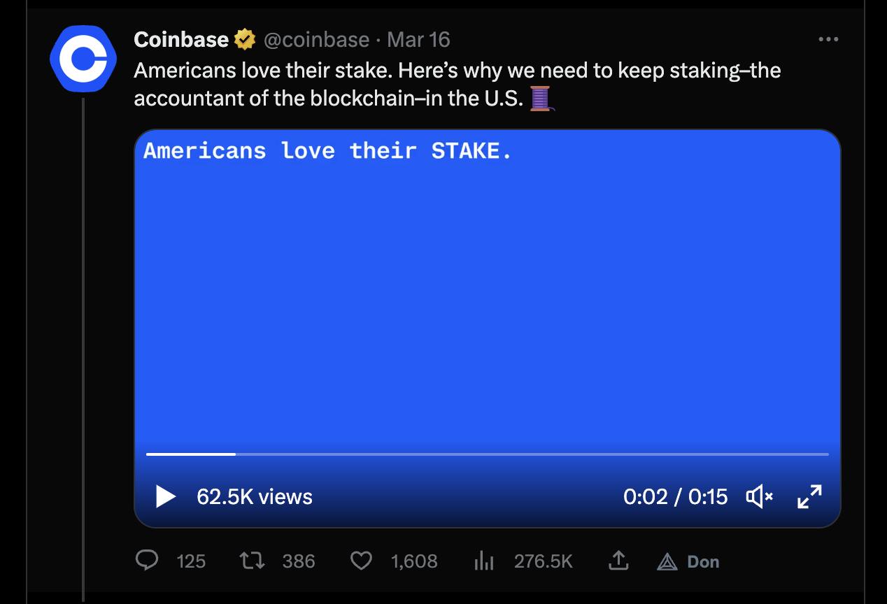 American love their STAKE - Tweet de Coinbase expliquant l'importance du staking aux USA