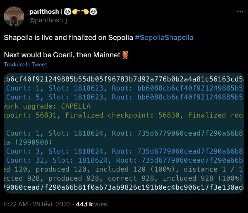 Une nouvelle mise à jour vient d'être déployée sur le testnet Sepolia avec succès. Place maintenant à Goerli pour les mises à jour Shanghai et Capella.