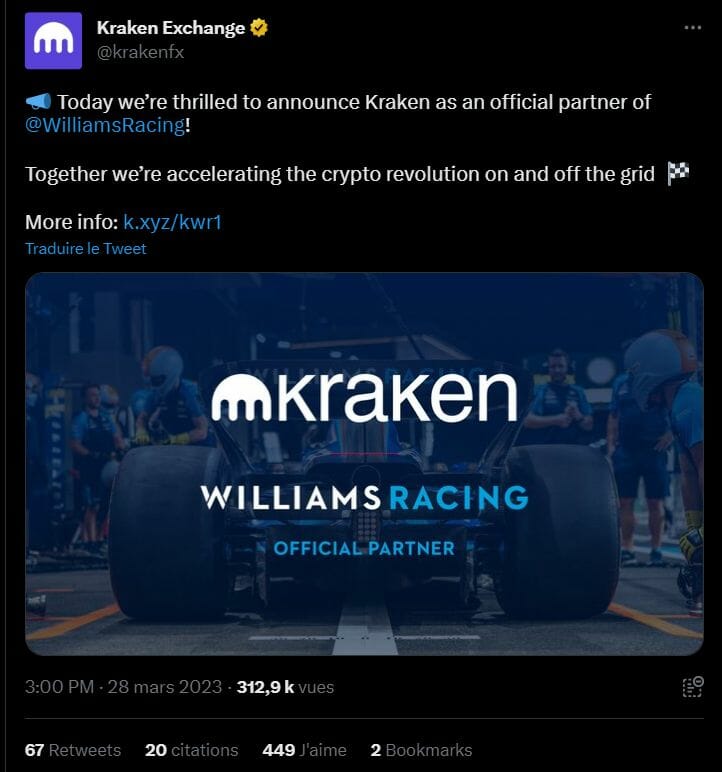 Le sponsoring sportif des plateformes crypto est de retour après quelques mois compliqué suite à la faillite de FTX. Aujourd'hui, c'est Kraken qui annonce un partenariat avec Williams Racing en Formule 1. 