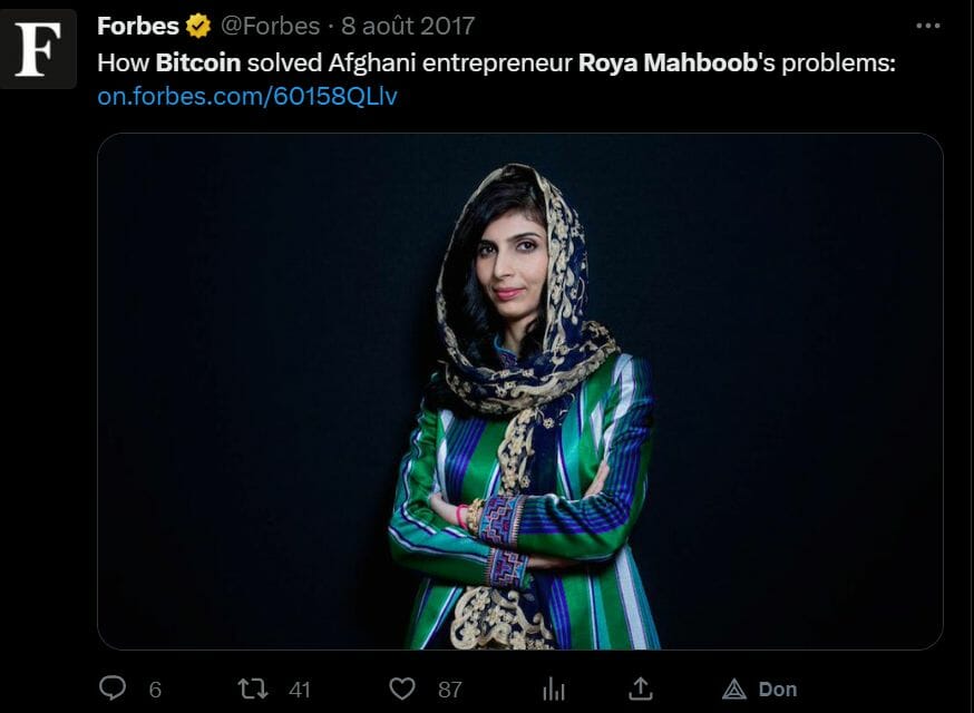 Le magazine Forbes consacre sa une à Roya Mahboob et au Bitcoin qu'elle utilise pour payer les contributrices de sa plateforme de blog Women's Annex