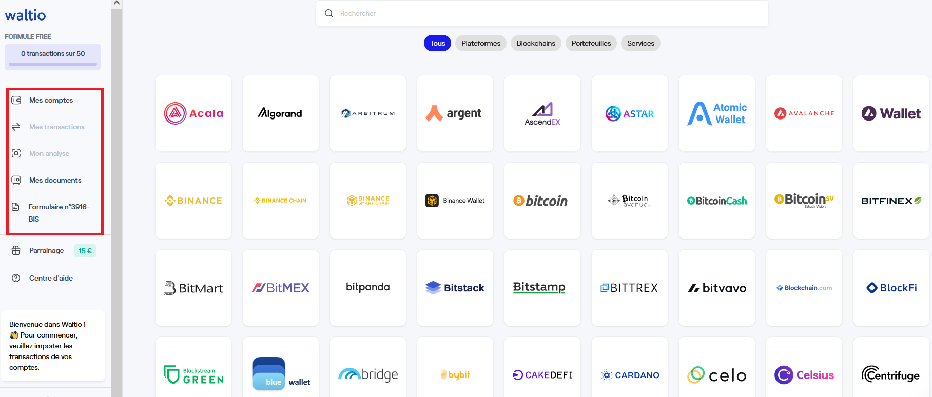 Waltio est en capacité de récupérer toutes vos opérations sur des trés nombreuses plateformes d'echanges de cryptomonnaies