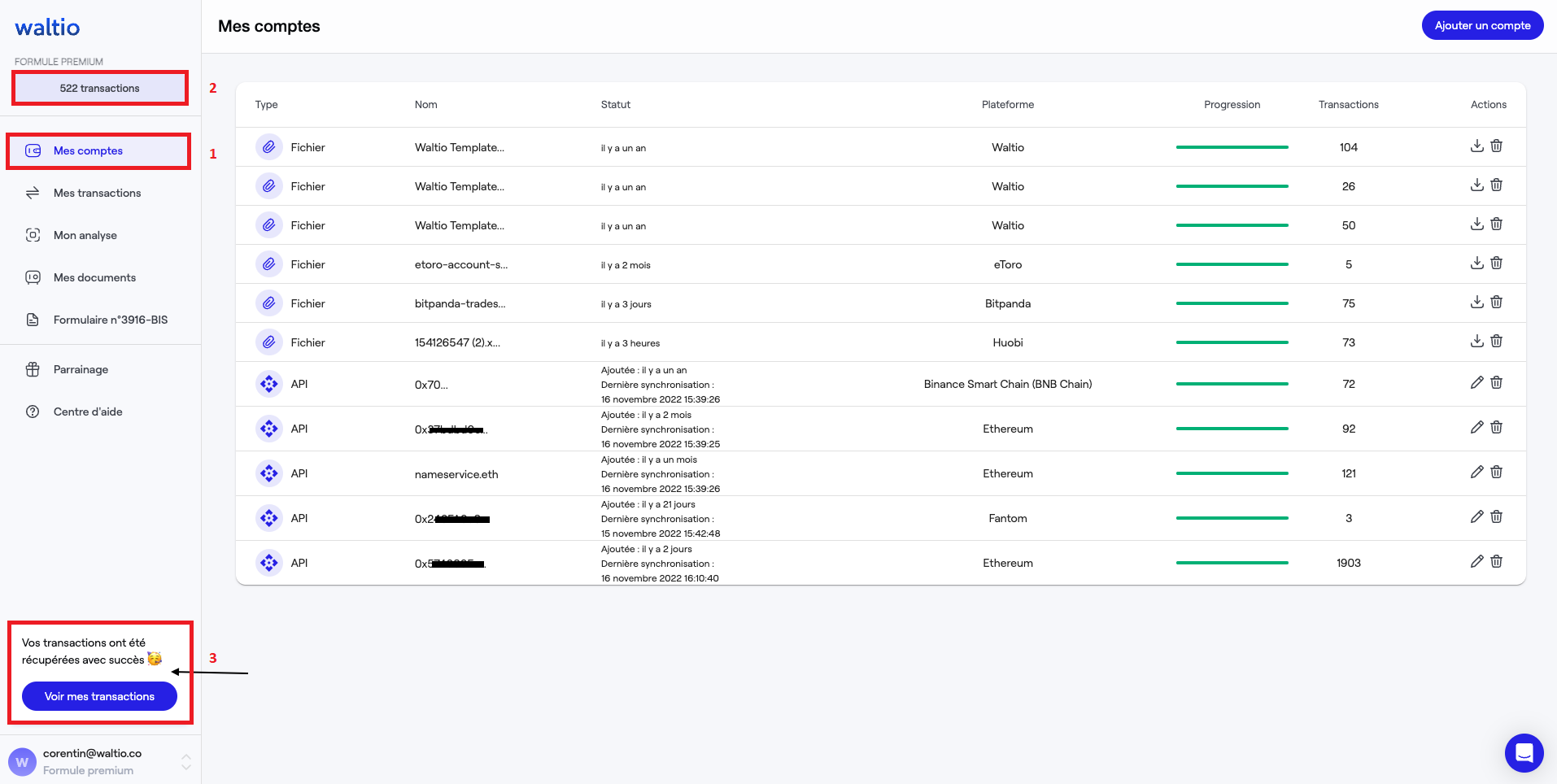 Au fur et à mesure de vos ajouts par API ou par dépôt de fichiers Excel les comptes apparaissent sur votre tableau de bord