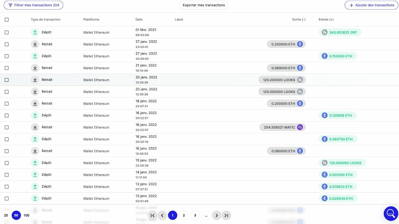 Toutes les opérations vont être automatiquement ajoutées à votre interface pour générer les calculs nécessaire à votre déclaration crypto