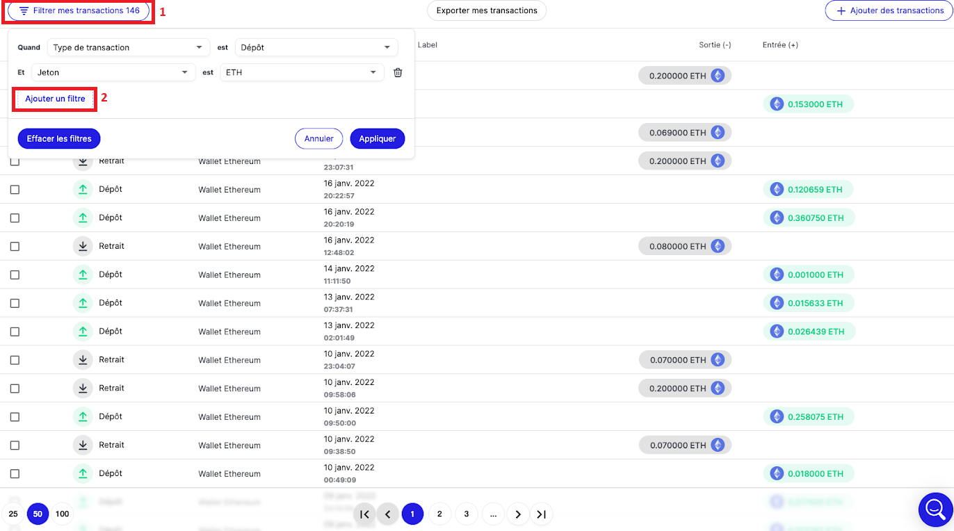 Les filtres vous permettent d'affiner vos recherches pour cibler certains types de transactions ou certain réseaux blockchain