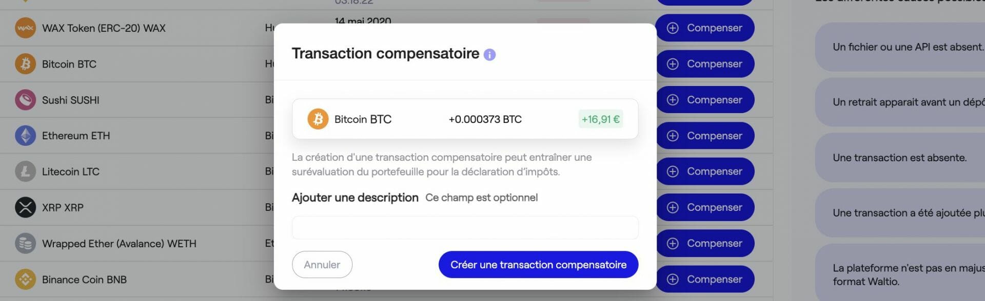 Si certaines transactions paraissent impossibles à la vue de vos fonds, vous pouvez créer des transactions compensatoires et rétablir la cohérence de l'ensemble