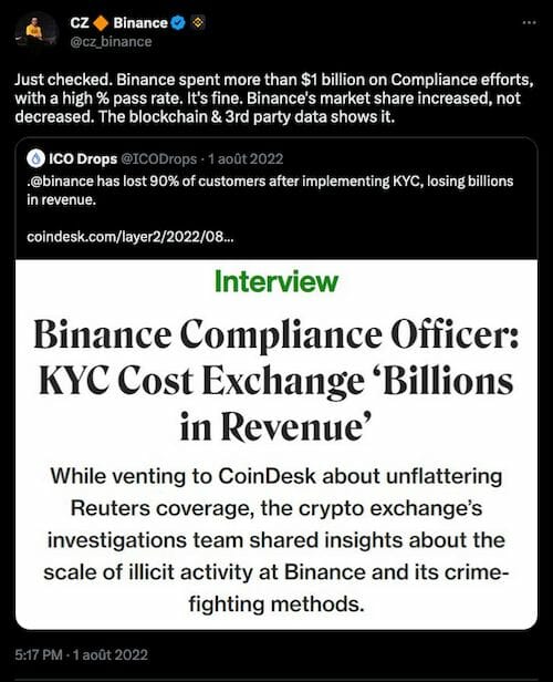 Binance met un point d'honneur à répondre aux exigences de régulation et consacre un budget important à la conformité 