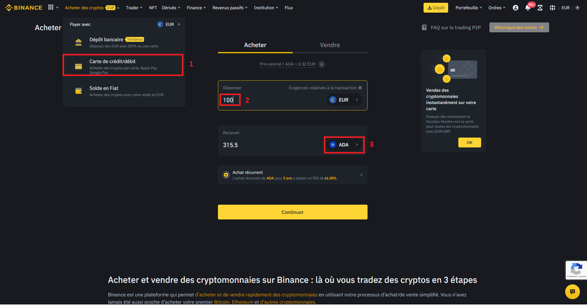 Achat de Cardano par carte bancaire sur Binance