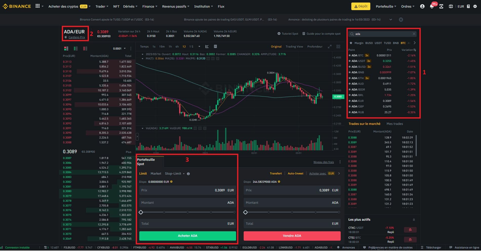 Achat de Cardano en trading au comptant sur Binance