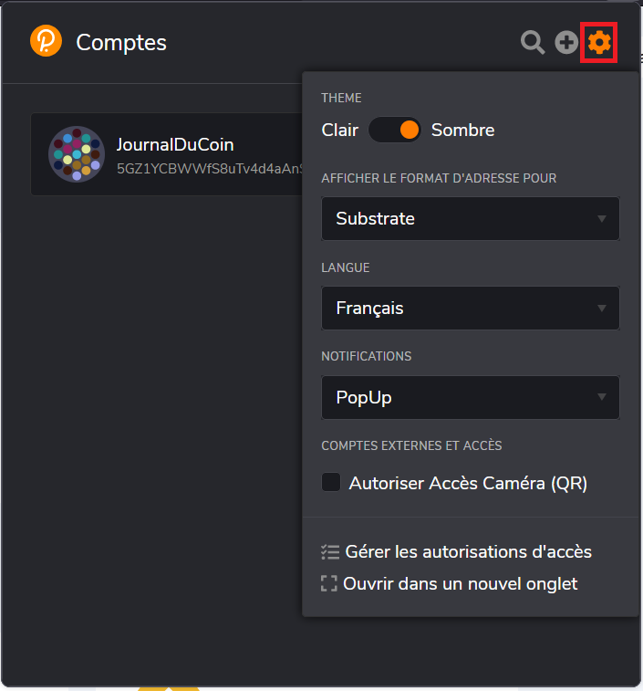 Réglage de l'extension Polkadot.js