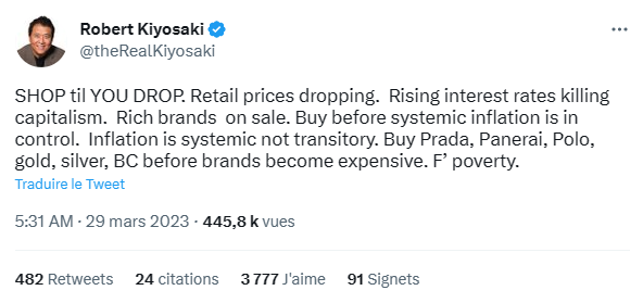 Pour passer la crise économique rien ne vaut mieux que l’or, le luxe, et Bitcoin pour Robert Kiyosaki.