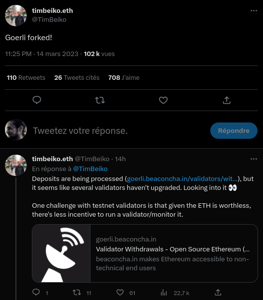 Tweet de Tim Beiko annonçant le fork de Goerli.