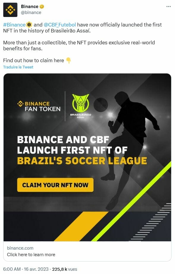 Binance lance un nouveau NFT consacré au championnat de football brésilien.