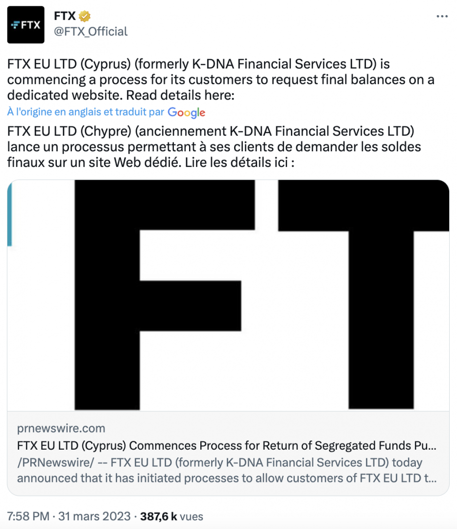 Communication officielle à propos de FTX EU