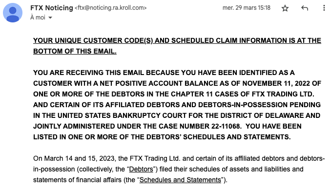 En-tête du mail envoyé par Kroll aux clients de FTX Group
