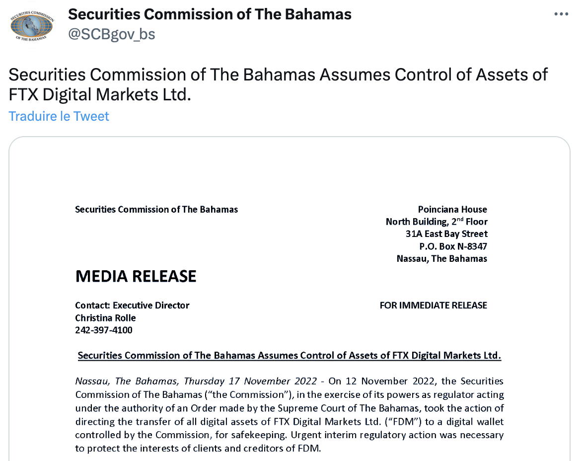 La Securities Commission of The Bahamas annonce être à l’origine de la prise de contrôle des actifs