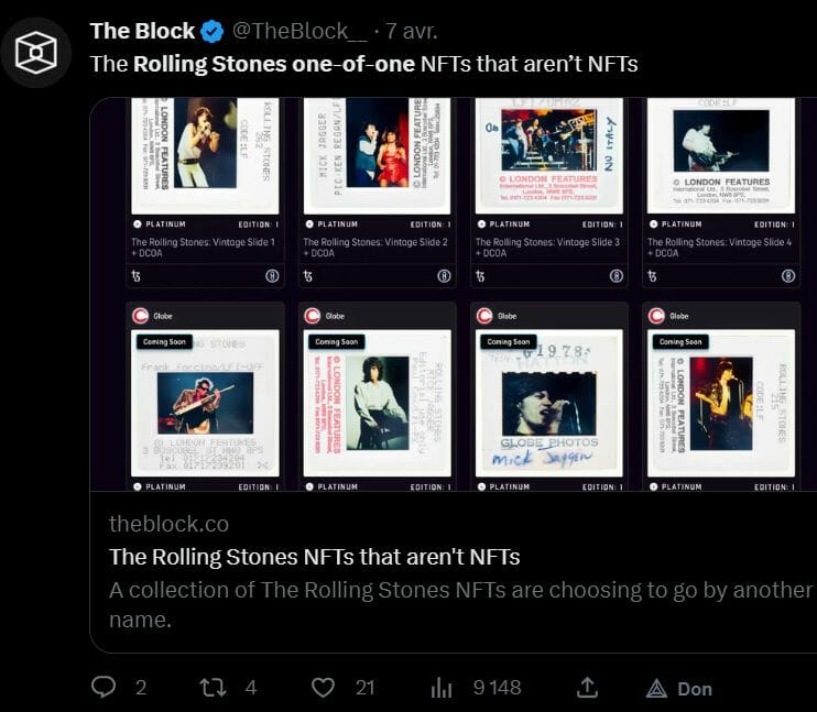 Une collection de NFT sur les Rolling Stones sera à vendre la semaine prochaine. Mais il ne faut pas utiliser le terme NFT mais plutôt celui de certificat numérique d'authenticité car il est a priori plus porteur et plus rassurant. 