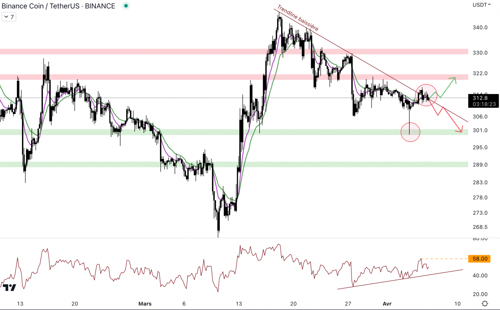 Le BNB pourrait revenir au niveau du support à 300 $. 