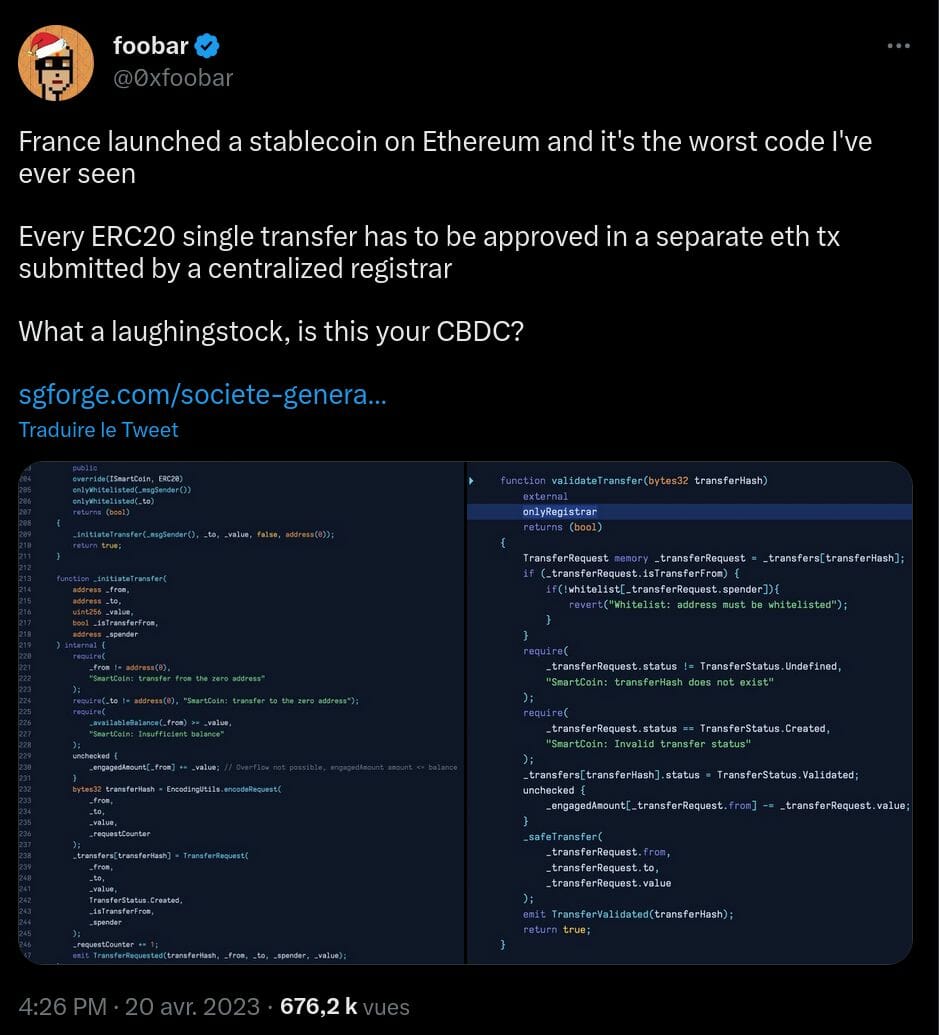 Tweet de Foobar qui pointe du doigt la centralisation du stablecoin de Forge