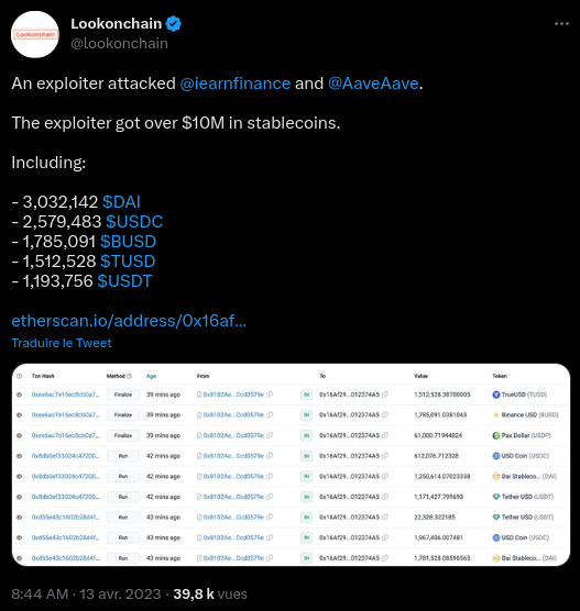 Tweet de Lookonchain annonçant le hack