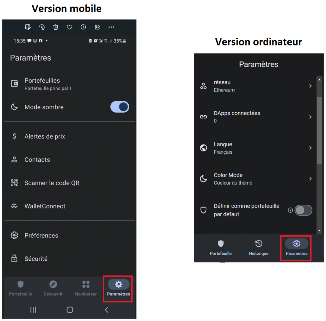 Paramètres sur Trust Wallet
